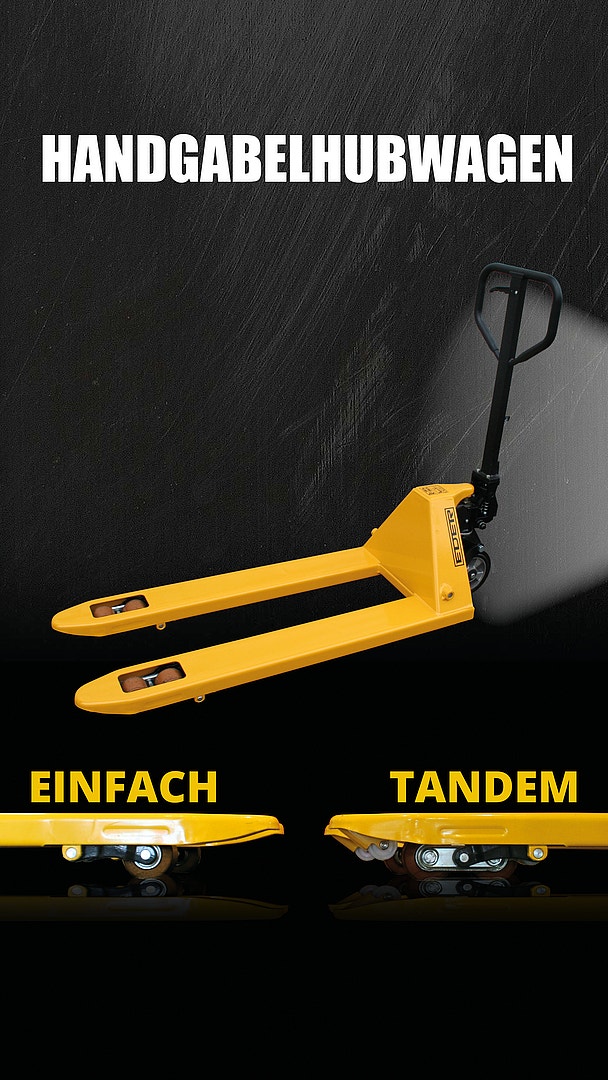 Oranger Handgabelhubwagen auf dunklem Hintergrund mit seitlichem Lichtschein