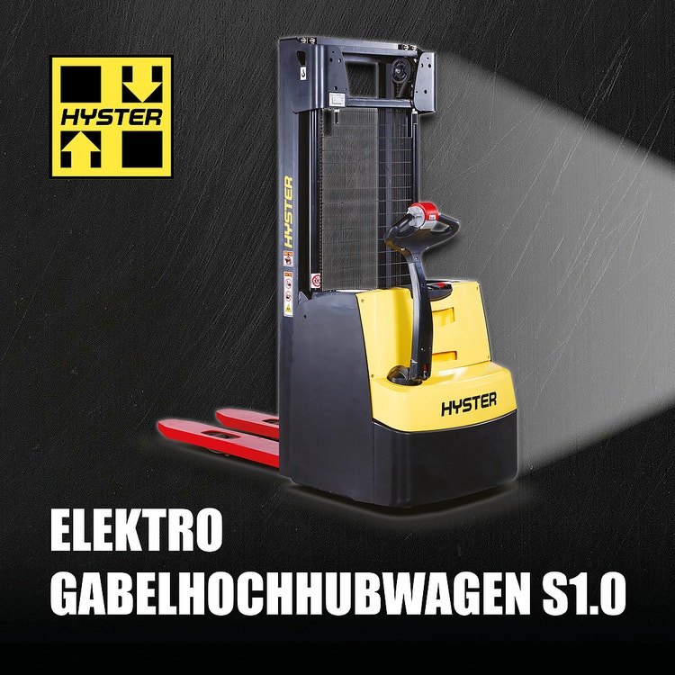 Gelb-schwarzer Hyster Elektro-Gabelhochhubwagen S1.0 auf dunklem Hintergrund mit seitlichem Lichtschein