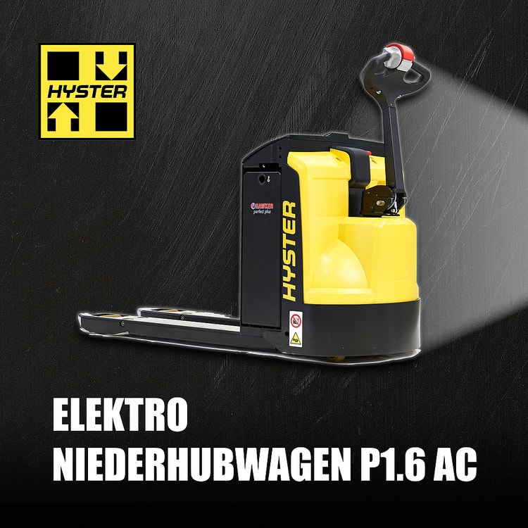 Gelb-schwarzer Hyster Elektro-Niederhubwagen P1.6AC auf dunklem Hintergrund mit seitlichem Lichtschein