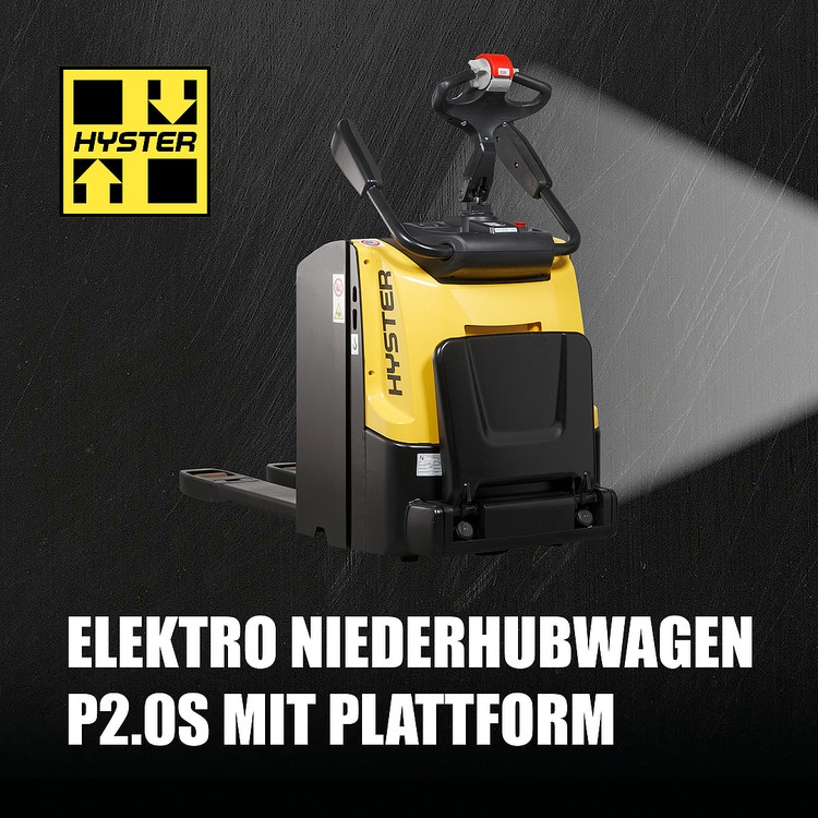 Gelb-schwarzer Hyster Elektro-Niederhubwagen P2.0S Plattform auf dunklem Hintergrund mit seitlichem Lichtschein