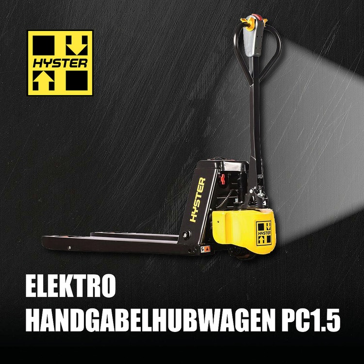 Gelb-schwarzer Hyster Elektro-Handgabelhubwagen PC1.5 auf dunklem Hintergrund mit seitlichem Lichtschein