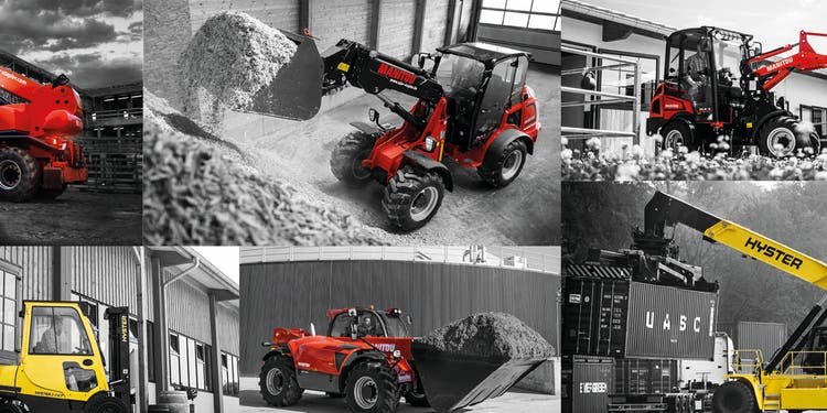 Collage mit verschiedenen Maschinen von Manitou und Hyster, darunter Teleskoplader, Radlader und Gabelstapler