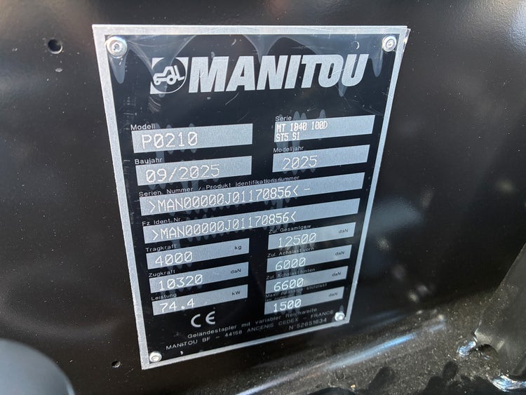 Typenschild des Manitou MT 1840 100D ST5 S1 Comfort mit technischen Daten und Seriennummer.