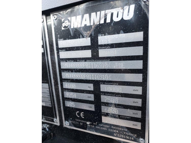 Typenschild des Manitou MLT 841-145 PS+ ST5 S1 mit Baujahr 2024 und technischen Daten
