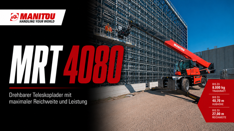 Manitou MRT 4080 drehbarer Teleskoplader im Baustelleneinsatz mit ausgefahrenem Teleskoparm – bis zu 8.000 kg Tragkraft, 40,70 m Hubhöhe und 27 m Reichweite.